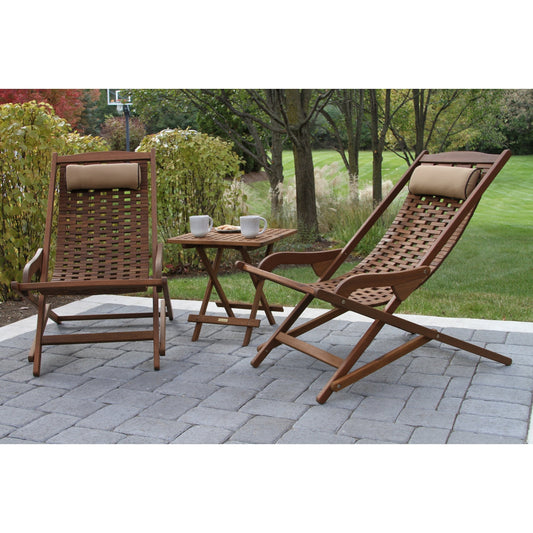 Ensemble de 3 chaises longues pliantes Eilaf en eucalyptus avec table d'appoint