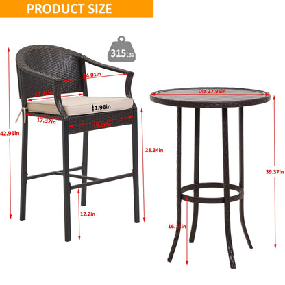 Ensemble de bar d'extérieur 3 pièces avec plateau en fer