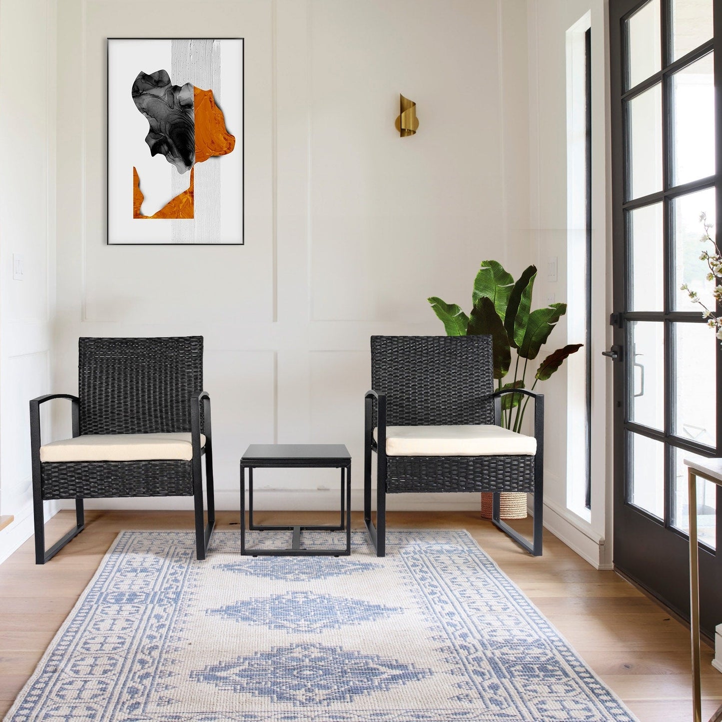 Ensemble de bistrot de jardin 3 pièces avec table en verre et salon de jardin en rotin pour véranda, jardin et balcon