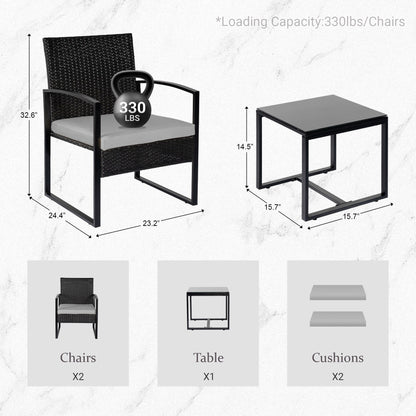 Ensemble de bistrot de jardin 3 pièces avec table en verre et salon de jardin en rotin pour véranda, jardin et balcon