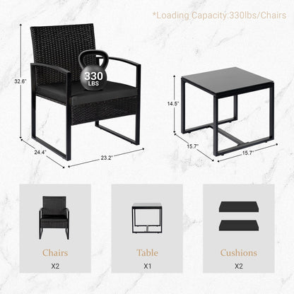 Ensemble de bistrot de jardin 3 pièces avec table en verre et salon de jardin en rotin pour véranda, jardin et balcon