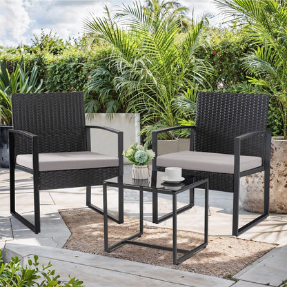 Ensemble de bistrot de jardin 3 pièces avec table en verre et salon de jardin en rotin pour véranda, jardin et balcon
