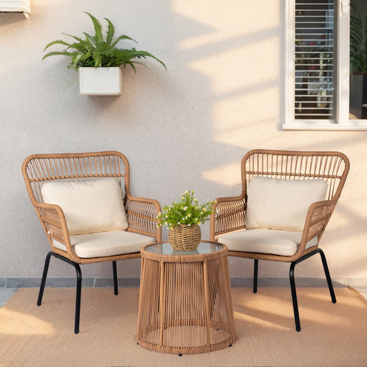 Ensemble de bistrot d'extérieur 3 pièces en osier, mobilier de jardin en rotin résistant aux intempéries, chaises de jardin avec coussins