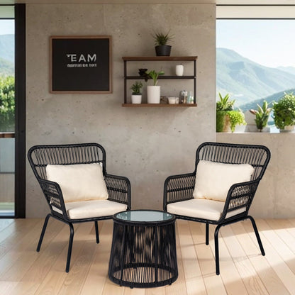 Ensemble de bistrot d'extérieur 3 pièces en osier, mobilier de jardin en rotin résistant aux intempéries, chaises de jardin avec coussins