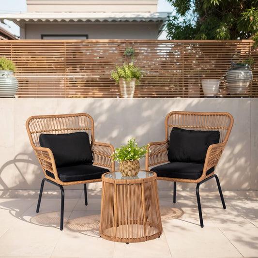 Ensemble de bistrot d'extérieur 3 pièces en osier, mobilier de jardin en rotin résistant aux intempéries, chaises de jardin avec coussins