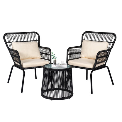 Ensemble de bistrot d'extérieur 3 pièces en osier, mobilier de jardin en rotin résistant aux intempéries, chaises de jardin avec coussins