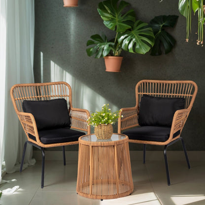 Ensemble de bistrot d'extérieur 3 pièces en osier, mobilier de jardin en rotin résistant aux intempéries, chaises de jardin avec coussins