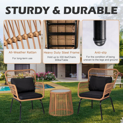 Ensemble de bistrot d'extérieur 3 pièces en osier, mobilier de jardin en rotin résistant aux intempéries, chaises de jardin avec coussins