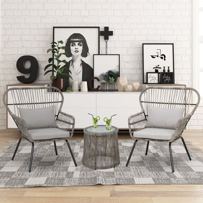 Ensemble de bistrot d'extérieur 3 pièces en osier, mobilier de jardin en rotin résistant aux intempéries, chaises de jardin avec coussins