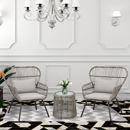 Ensemble de bistrot d'extérieur 3 pièces en osier, mobilier de jardin en rotin résistant aux intempéries, chaises de jardin avec coussins