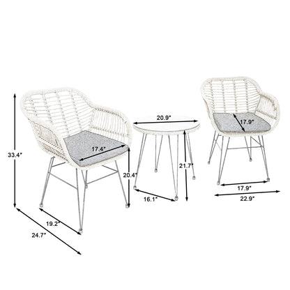 Ensemble de bistrot d'extérieur 3 pièces en rotin et osier avec coussins et table