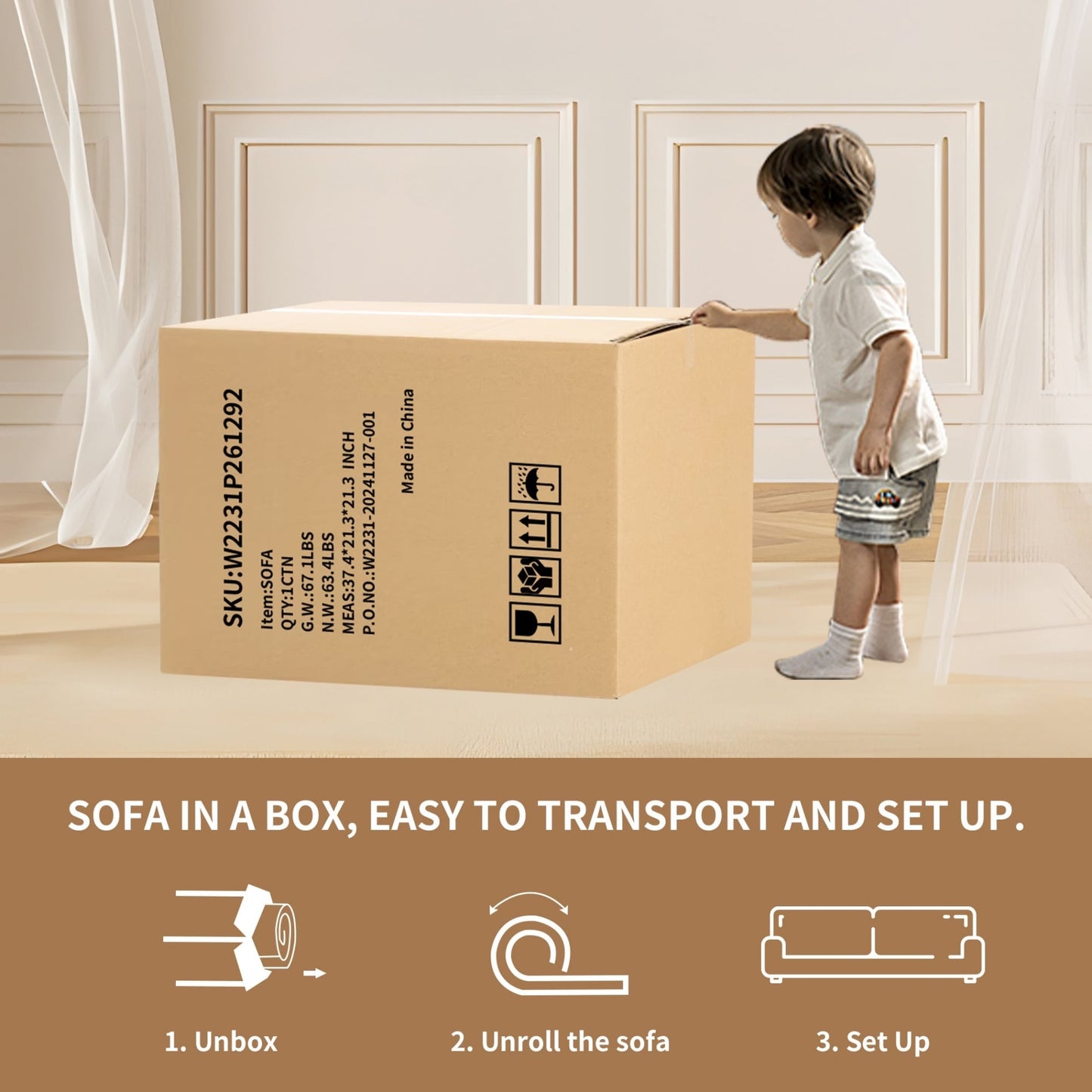 Canapé causeuse compact incurvé en chenille 30D sans assemblage, entièrement compressé en éponge