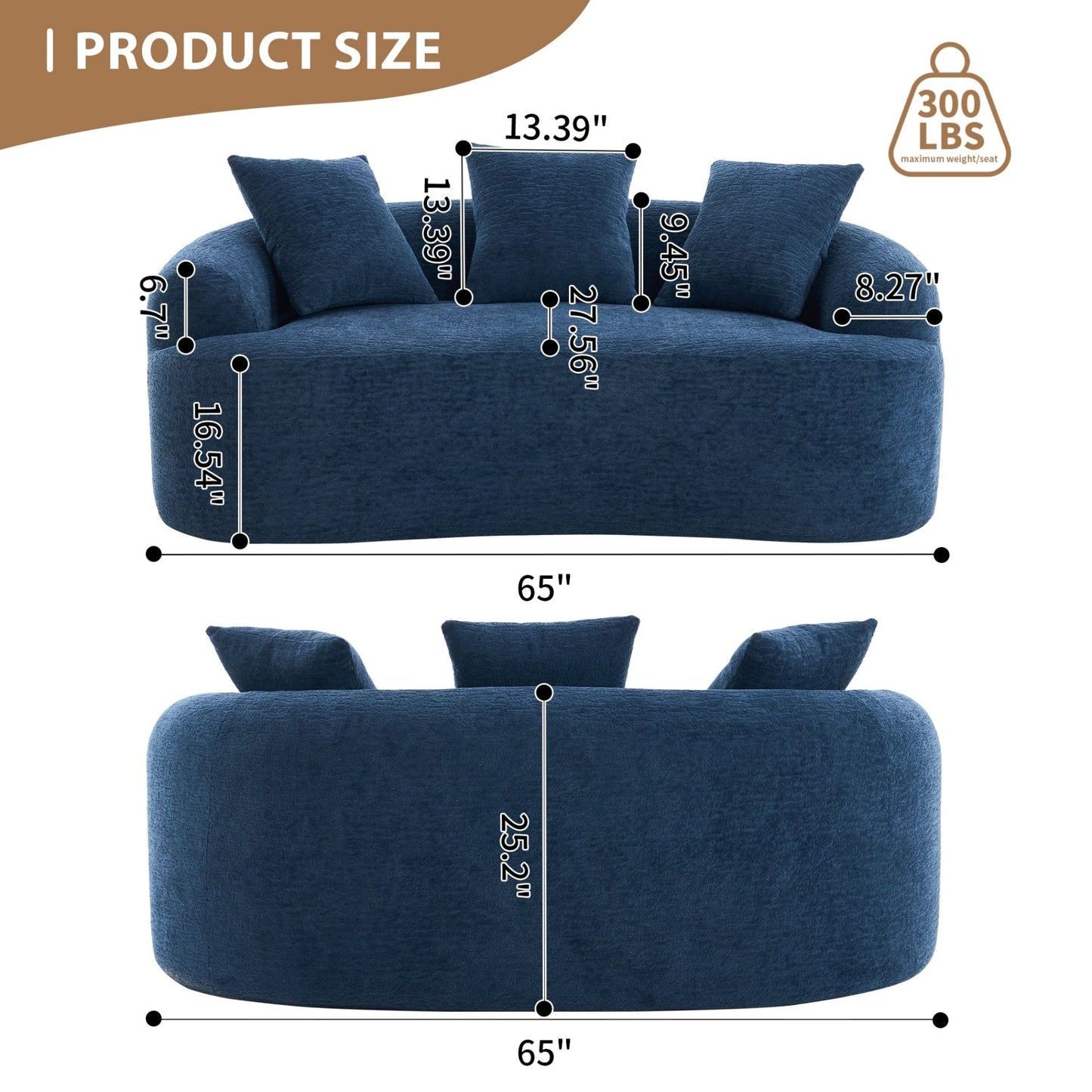 Canapé causeuse compact incurvé en chenille 30D sans assemblage, entièrement compressé en éponge