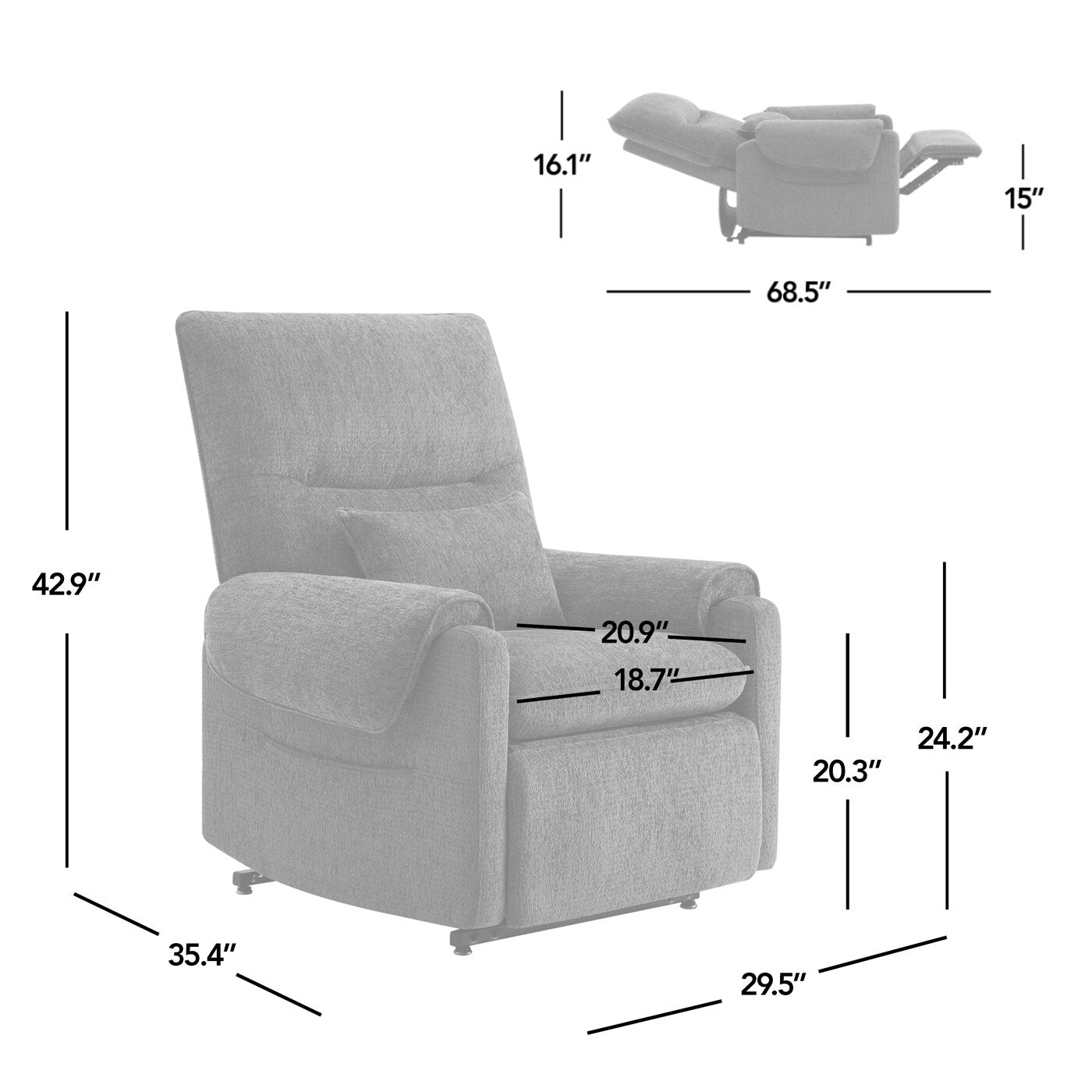 Fauteuil inclinable électrique 30" en chenille gris acier