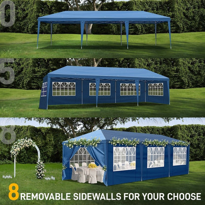 Gazebo pop-up en tissu Oxford 30 x 10 pi avec 8 sacs de sable et 8 parois latérales, avec auvent pour sac de remorquage - 30 x 10 x 8,8 pi (l x h)