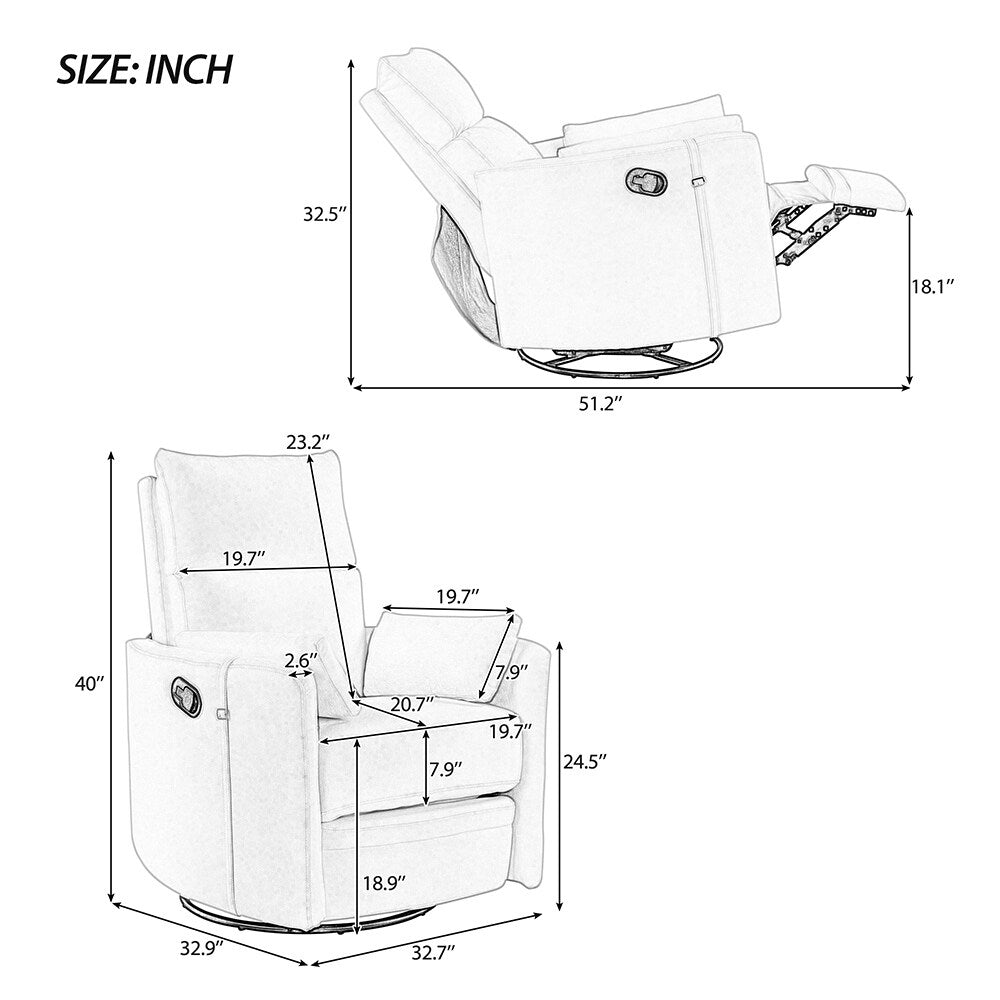 Fauteuil inclinable à bascule pivotant avec 2 oreillers, fauteuil confortable pour allaitement