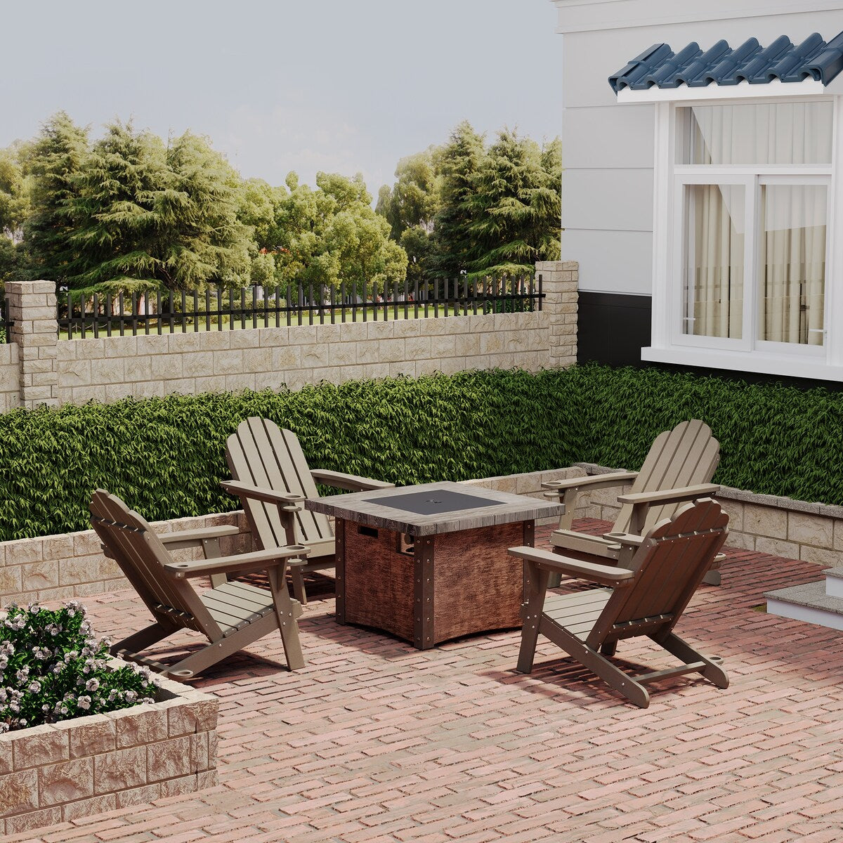 Ensemble de 5 foyers extérieurs en métal de 34,5 po, table et chaises Adirondack avec porte-gobelet et porte-parapluie