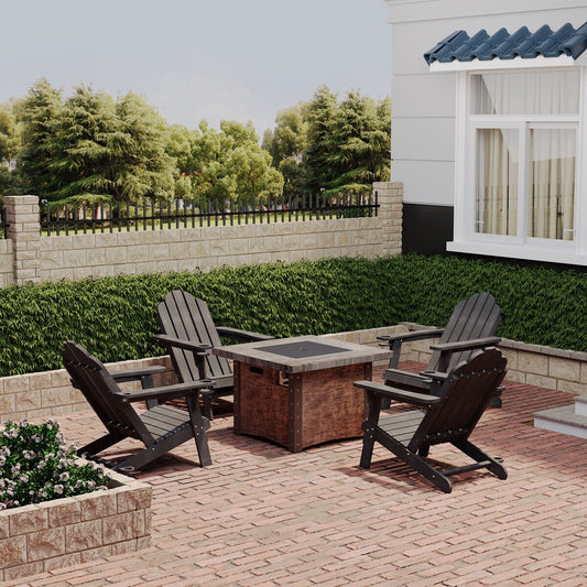 Ensemble de 5 foyers extérieurs en métal de 34,5 po, table et chaises Adirondack avec porte-gobelet et porte-parapluie