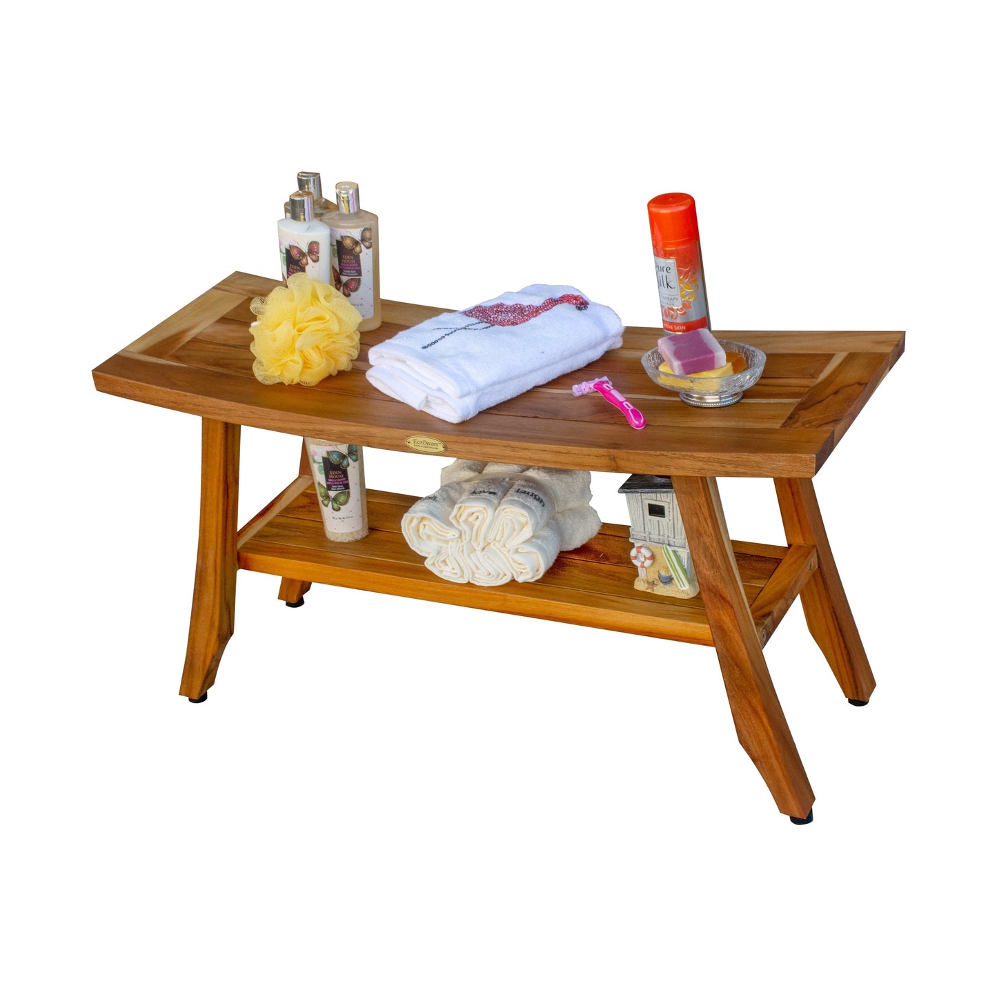 Banc de douche en teck EcoDecors Satori 34 pouces, banc en bois, banc de salle de bain, sièges de douche pour adultes, tabouret de douche en teck