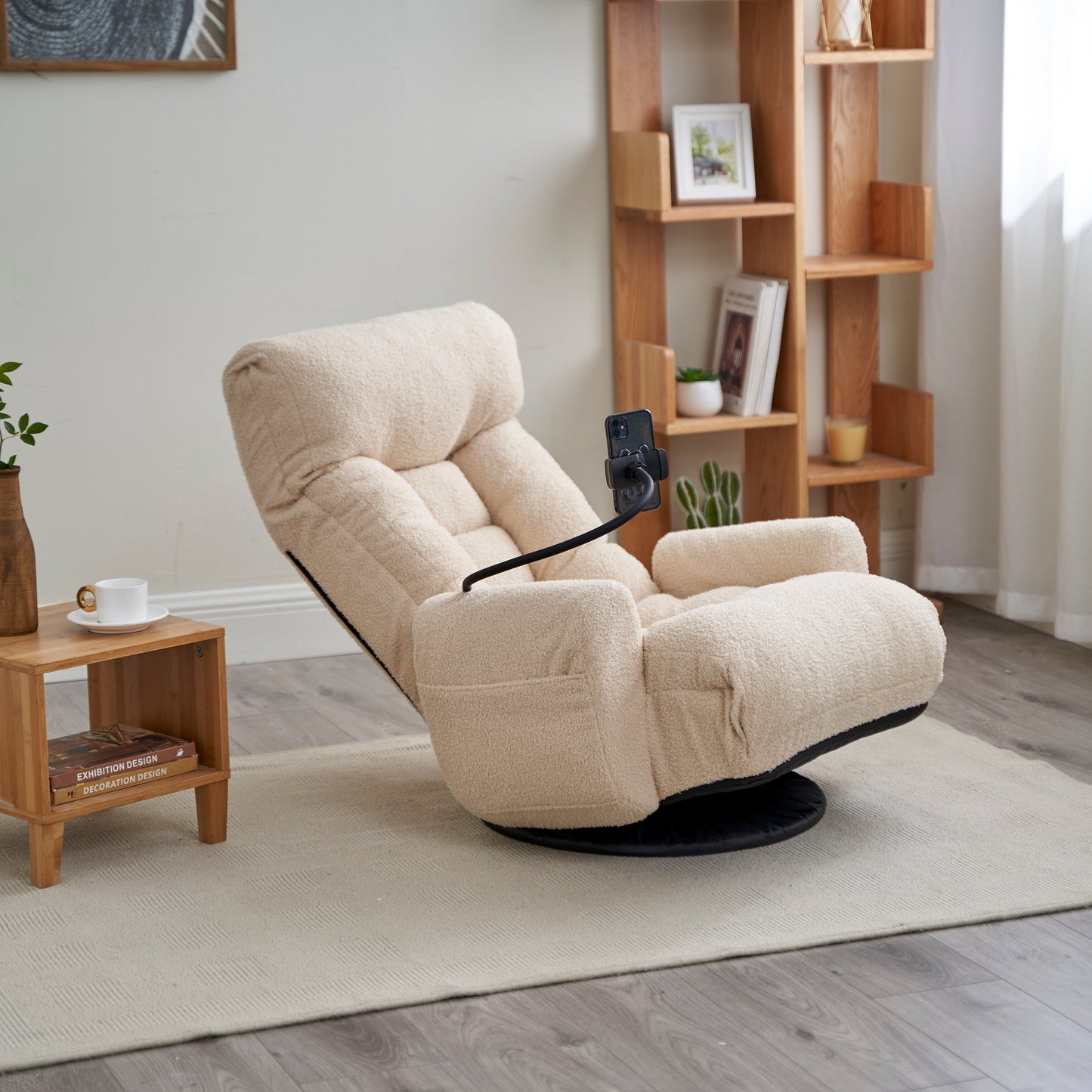 Fauteuil de salon réglable, pivotant à 360 degrés, pliable et inclinable, avec support pour téléphone