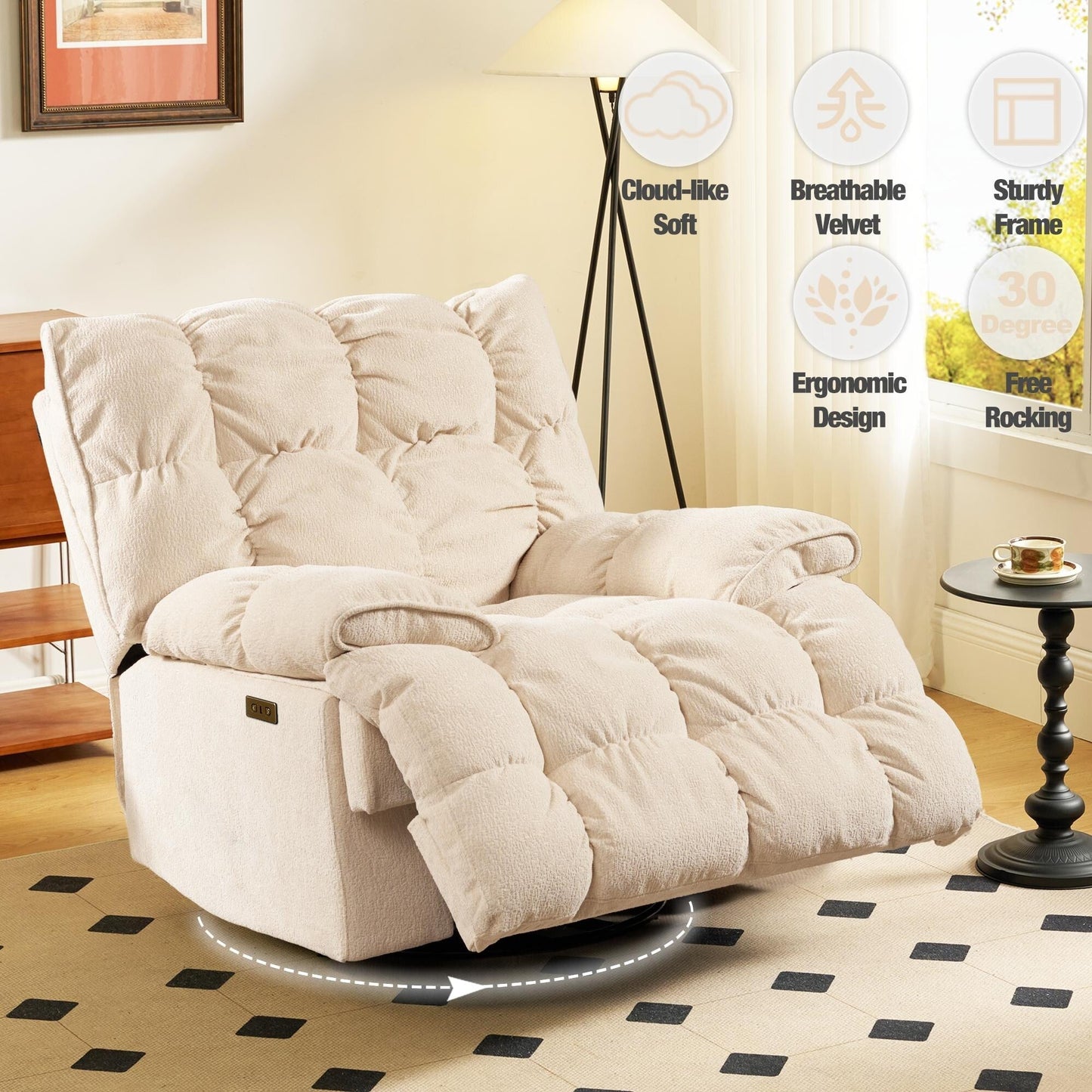 Fauteuil inclinable électrique pivotant à 360°, tissu d'ameublement, fauteuil à bascule, canapé simple inclinable avec support lombaire pour salon