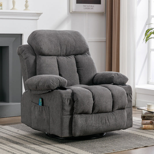 Fauteuil inclinable manuel en tissu, pivotant à 360°, avec massage et chauffage, avec chargement USB et deux porte-gobelets