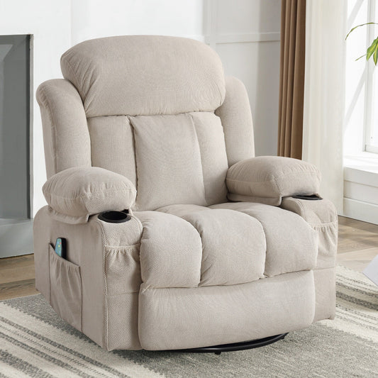 Fauteuil inclinable, massant et chauffant, pivotant à 360°, avec chargement USB, poches latérales et 2 porte-gobelets