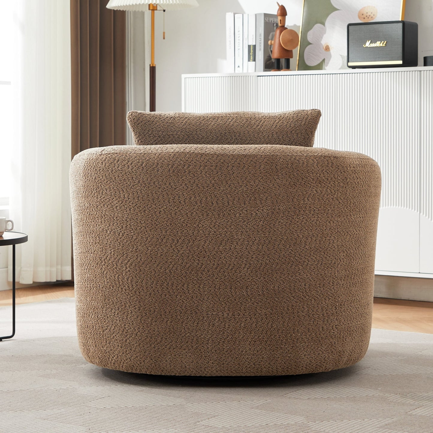 Fauteuil pivotant à 360°, fauteuil d'appoint Boucle 38,2 avec coussin décoratif, fauteuil tonneau rembourré avec accoudoirs incurvés