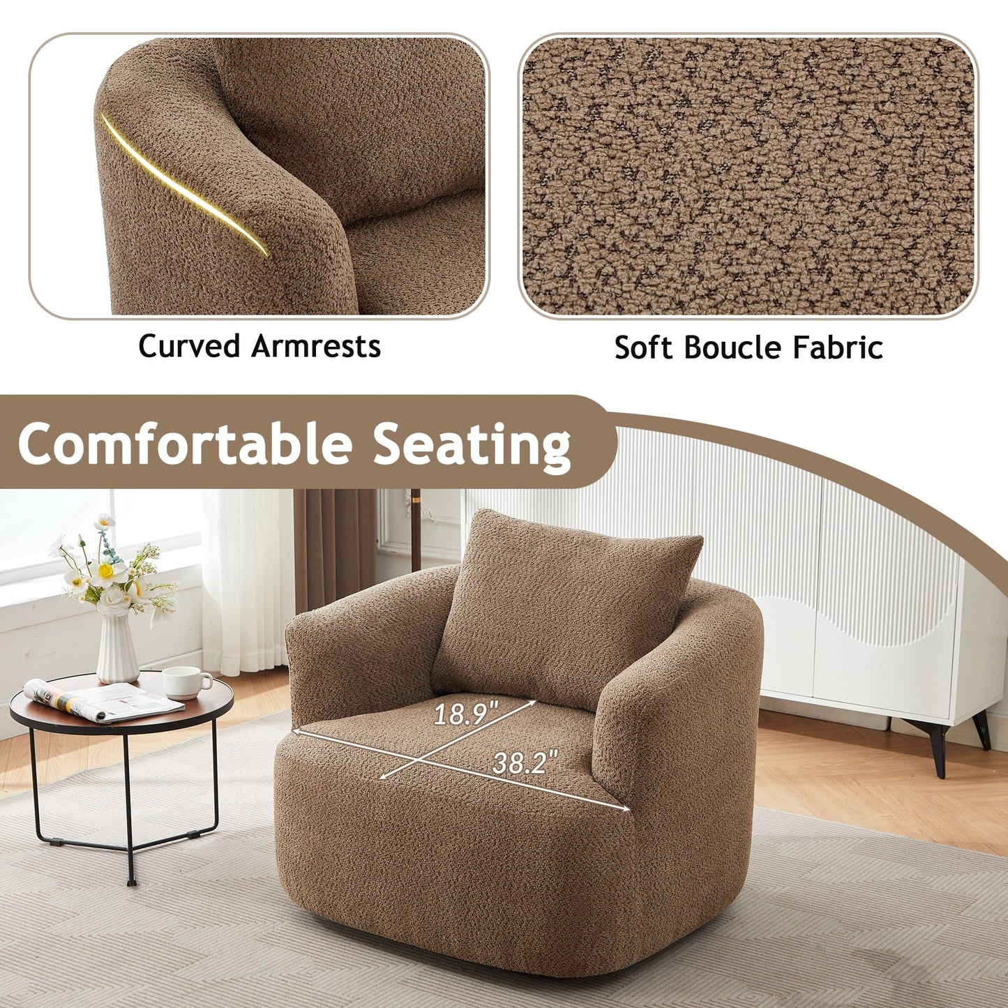Fauteuil pivotant à 360°, fauteuil d'appoint Boucle 38,2 avec coussin décoratif, fauteuil tonneau rembourré avec accoudoirs incurvés