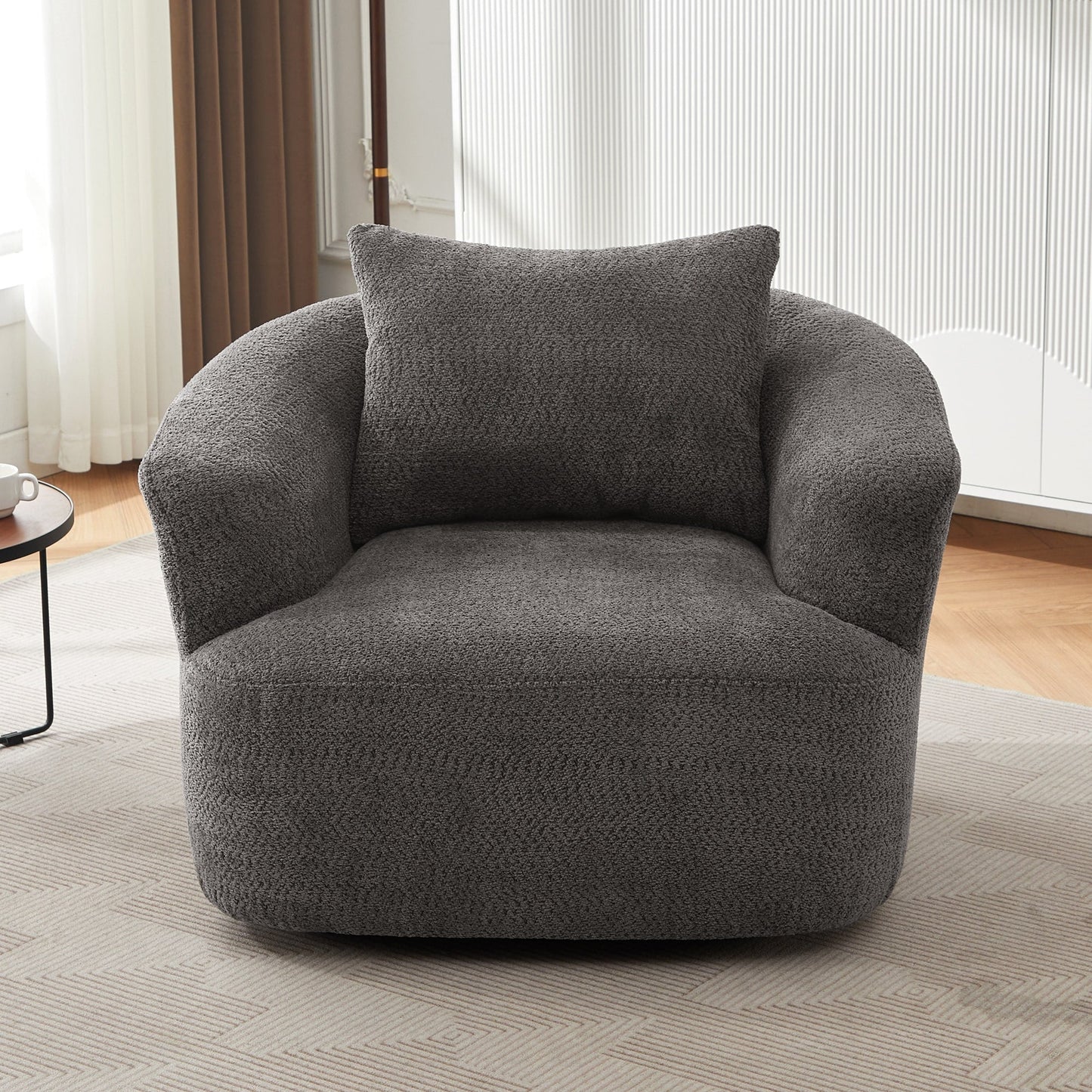 Fauteuil pivotant à 360°, fauteuil d'appoint Boucle 38,2 avec coussin décoratif, fauteuil tonneau rembourré avec accoudoirs incurvés
