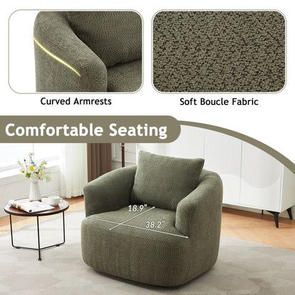 Fauteuil pivotant à 360°, fauteuil d'appoint Boucle 38,2 avec coussin décoratif, fauteuil tonneau rembourré avec accoudoirs incurvés