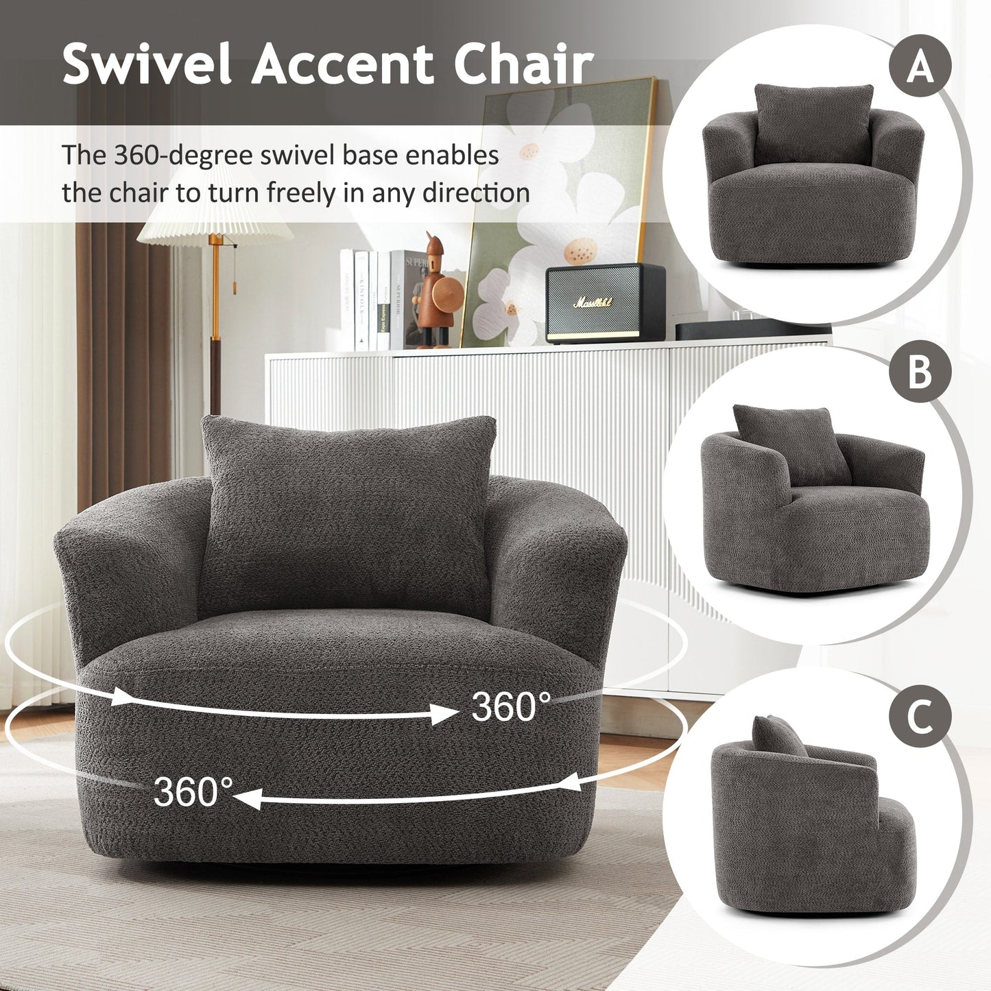 Fauteuil pivotant à 360°, fauteuil d'appoint Boucle 38,2 avec coussin décoratif, fauteuil tonneau rembourré avec accoudoirs incurvés