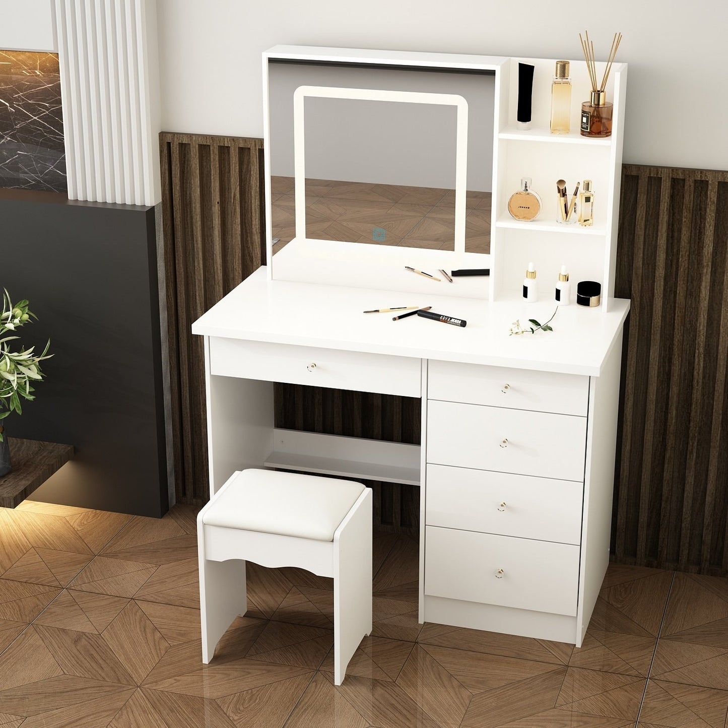 Ensemble de coiffeuse de maquillage de 39,4 po de largeur avec tabouret et miroir