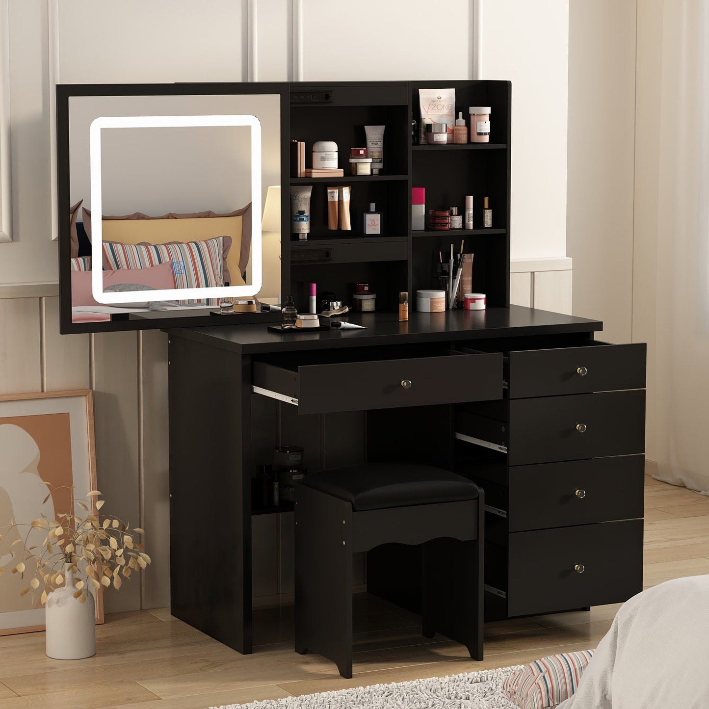 Ensemble de coiffeuse de 39,4 po de large avec tabouret et miroir