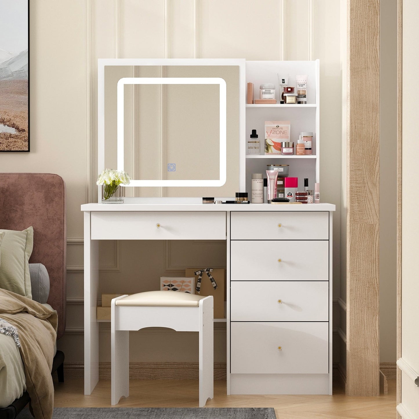 Ensemble de coiffeuse de 39,4 po de large avec tabouret et miroir