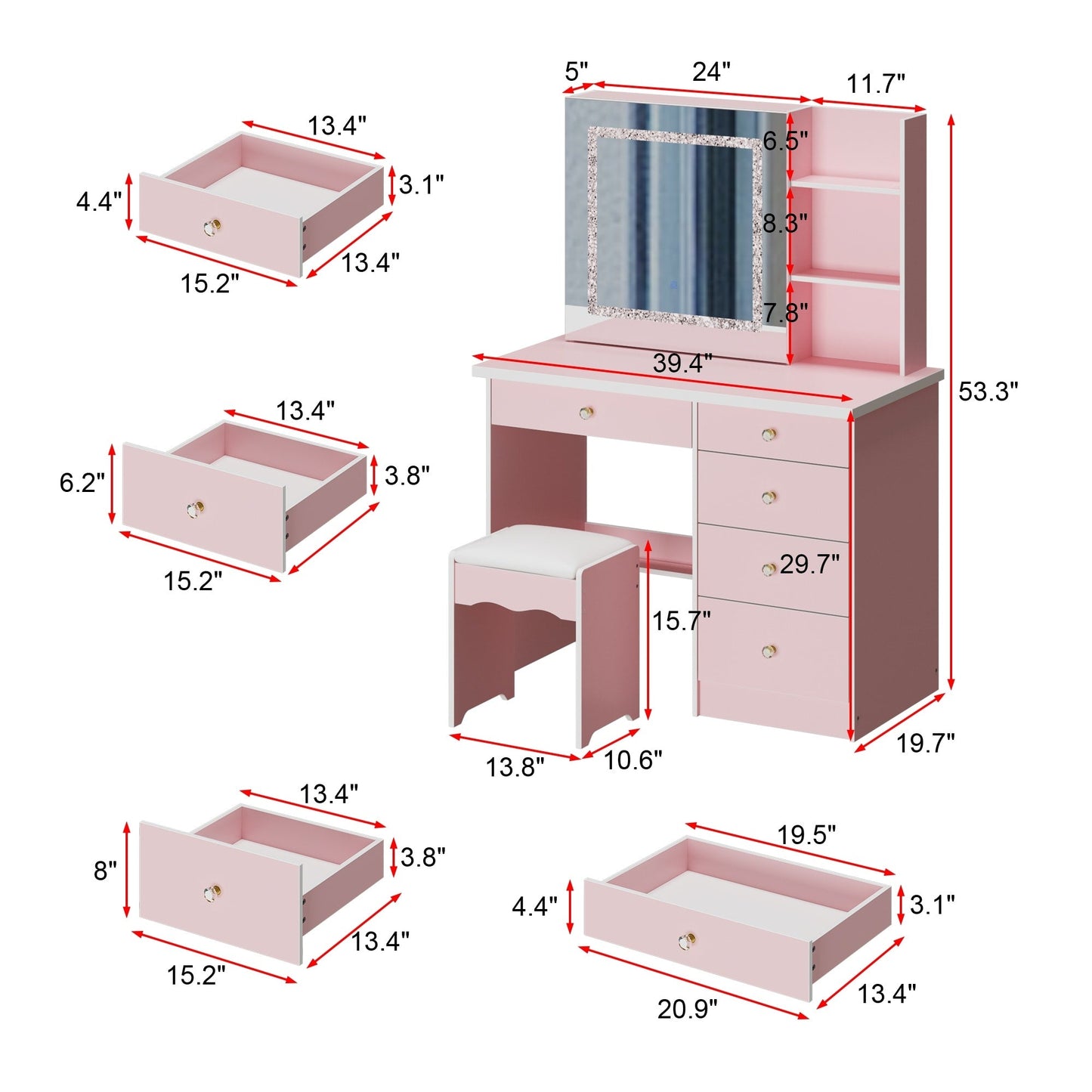 Ensemble de coiffeuse de 39,4 po de large avec tabouret et miroir