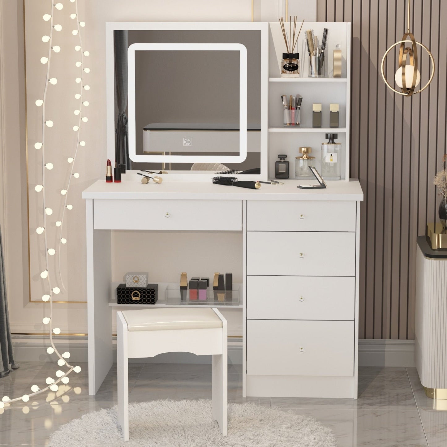 Ensemble de coiffeuse de 39,4 po de large avec tabouret et miroir