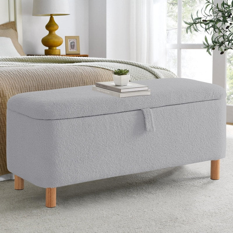 Banc ottoman de rangement en sherpa blanc cassé, repose-pieds, pour salon, chambre à coucher, pieds en bois