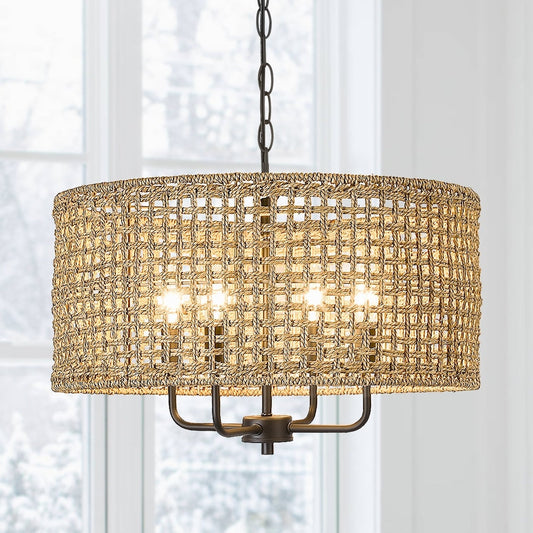 Lustre tambour bohème tissé à la main à 4 lumières - Paille - 50,8 cm de largeur