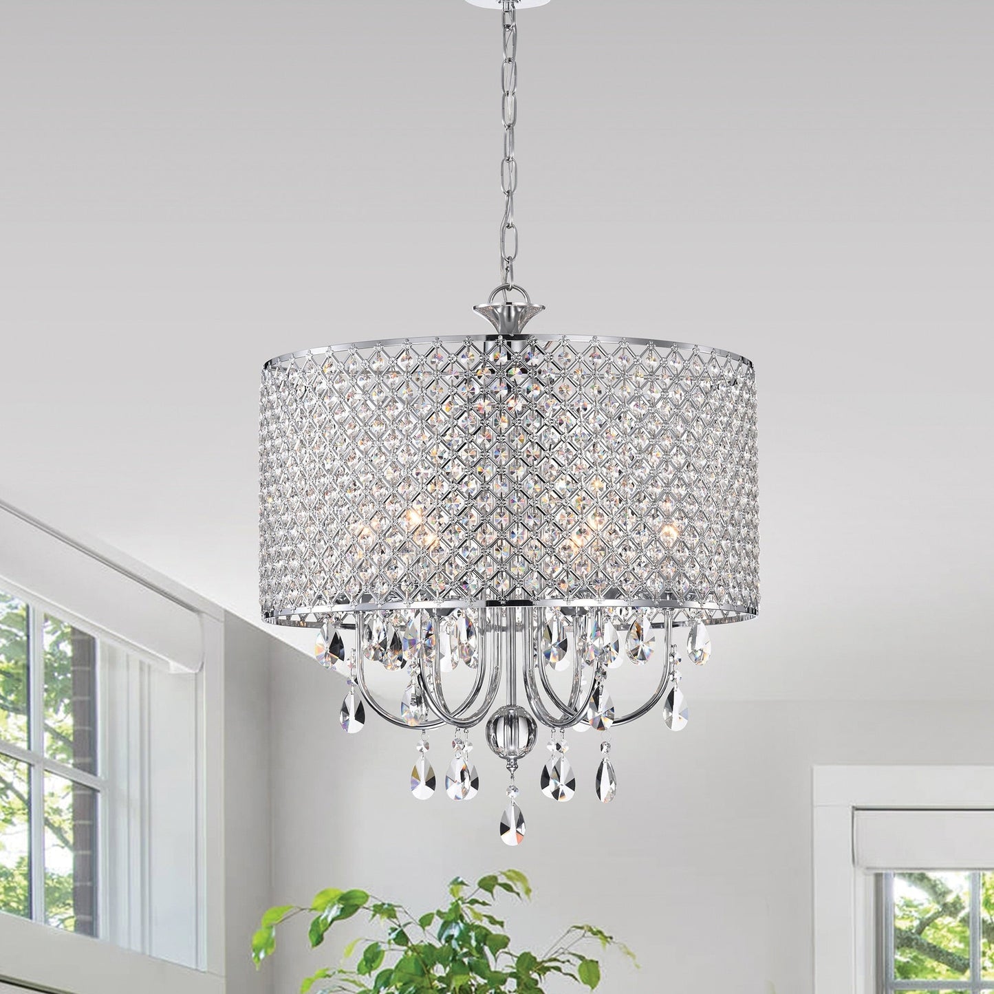 Lustre tambour à perles rondes avec cristaux suspendus
