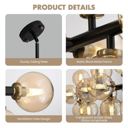 Lustre linéaire moderne du milieu du siècle de 40 po, suspension Spoutnik à 16 ampoules en laiton doré avec globe en verre dépoli pour salle à manger