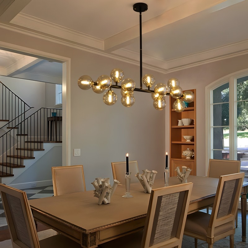 Lustre linéaire moderne du milieu du siècle de 40 po, suspension Spoutnik à 16 ampoules en laiton doré avec globe en verre dépoli pour salle à manger