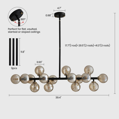 Lustre linéaire moderne du milieu du siècle de 40 po, suspension Spoutnik à 16 ampoules en laiton doré avec globe en verre dépoli pour salle à manger