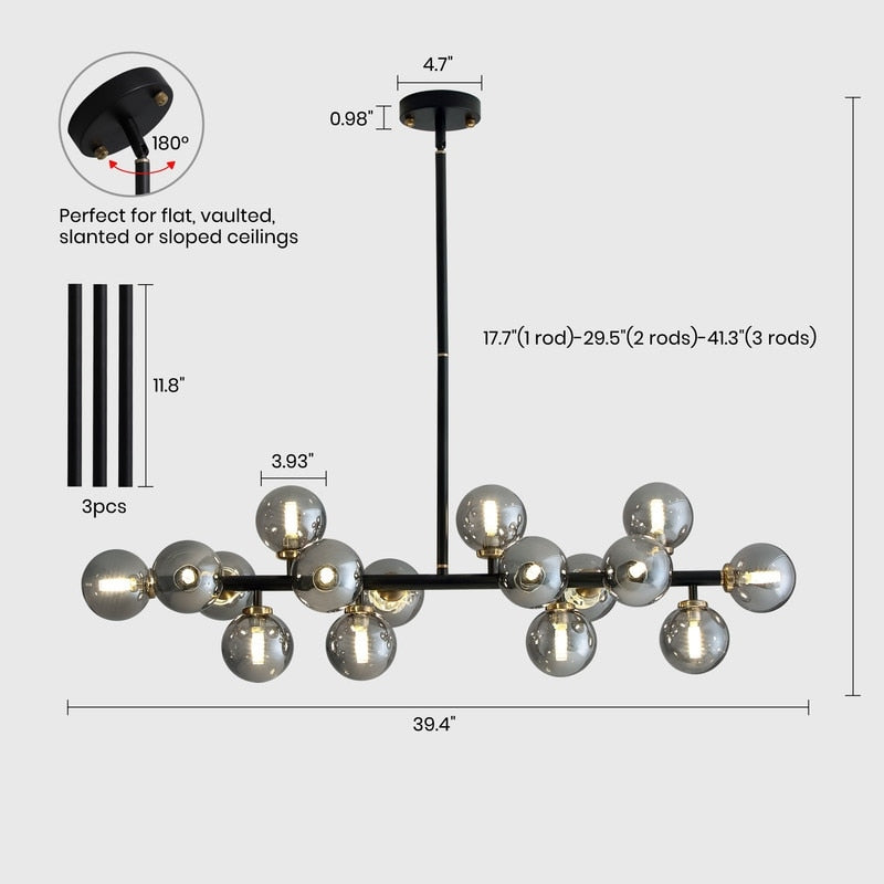 Lustre linéaire moderne du milieu du siècle de 40 po, suspension Spoutnik à 16 ampoules en laiton doré avec globe en verre dépoli pour salle à manger