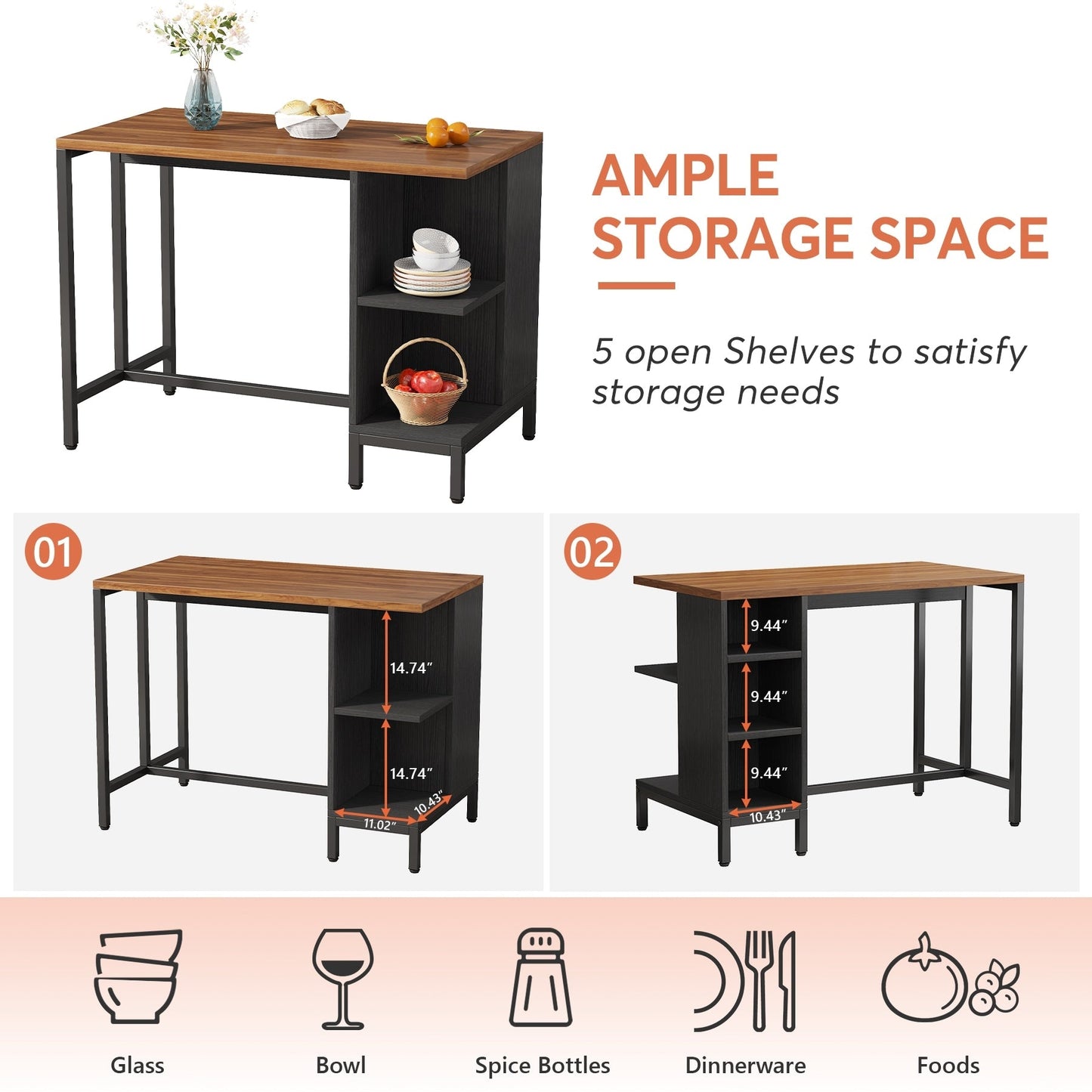 Îlot de cuisine large de 43 pouces, table de comptoir de cuisine avec 5 étagères ouvertes