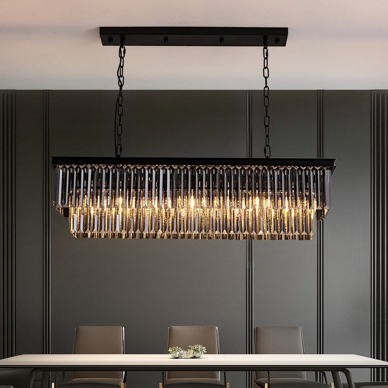 Lustre contemporain en cristal gris fumé et noir de 47 po, luminaire suspendu linéaire à deux niveaux pour îlot de cuisine et salle à manger