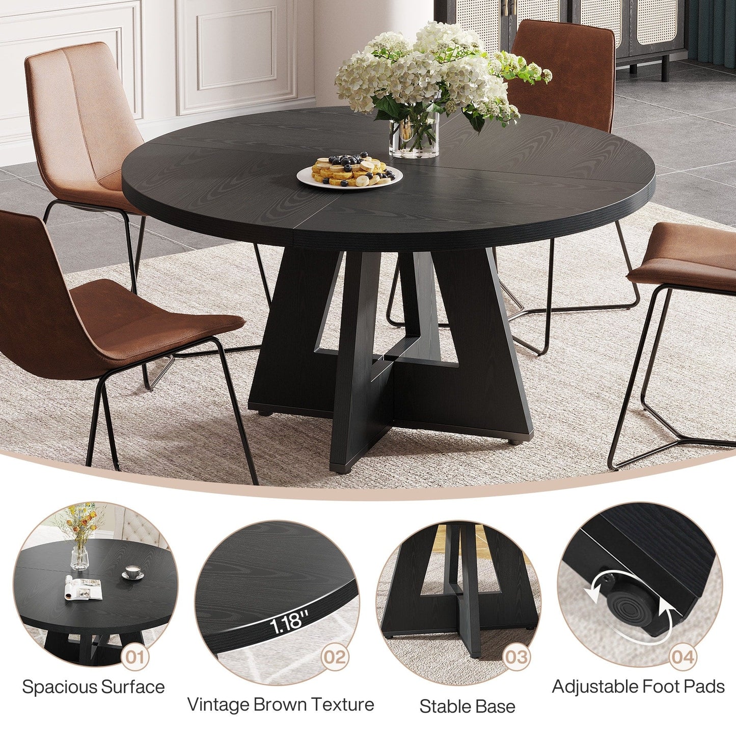 Table à manger ronde 47 pour 4 personnes, table de cuisine de ferme, petite table à dîner, table de cuisine en bois pour salle à manger et salon