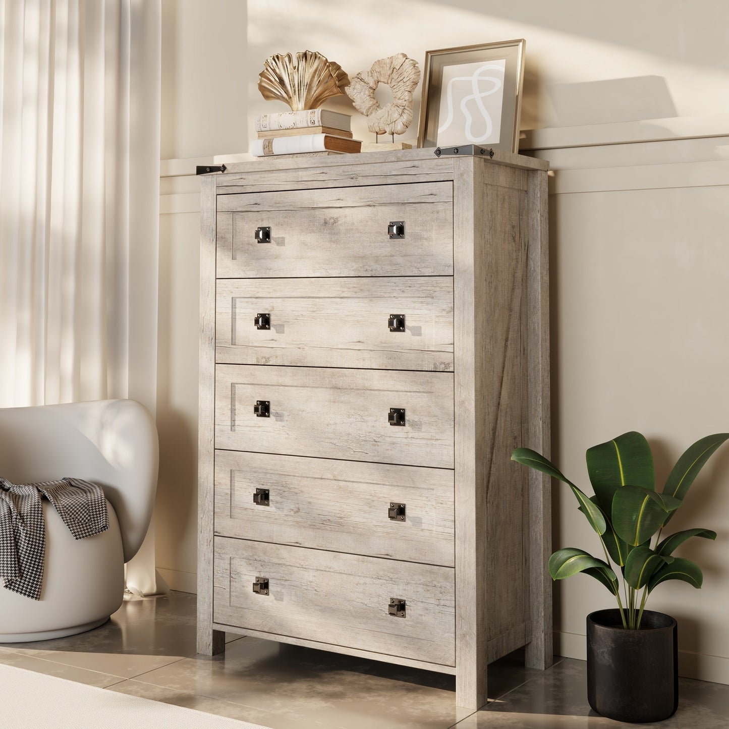 Commode haute en bois à 5 tiroirs de style ferme, idéale pour la chambre à coucher