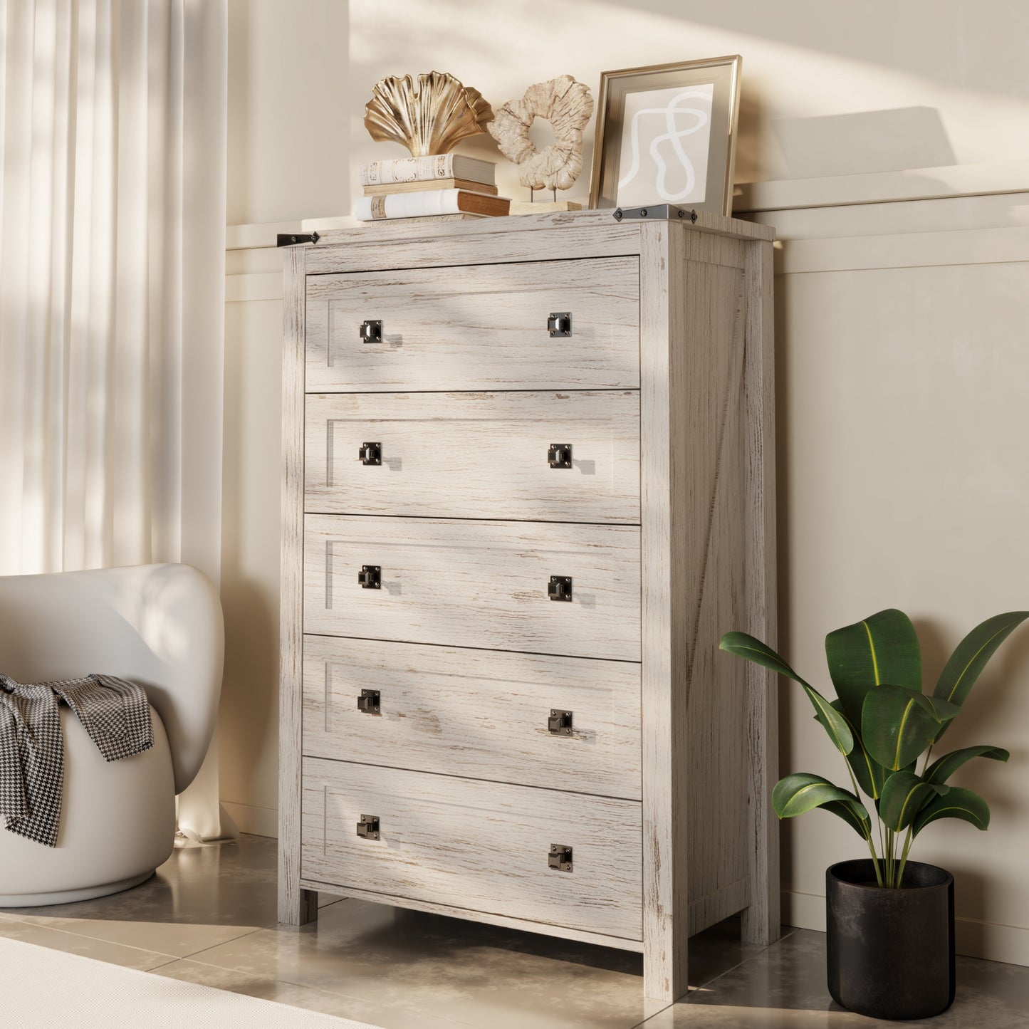 Commode haute en bois à 5 tiroirs de style ferme, idéale pour la chambre à coucher