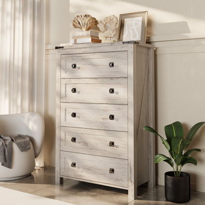 Commode haute en bois à 5 tiroirs de style ferme, idéale pour la chambre à coucher